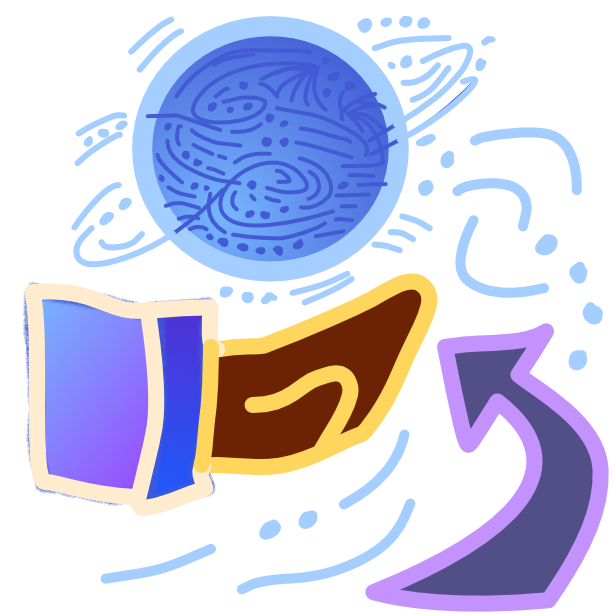 A brown hand with yellow line art sticks out from a blue and purple sleeve. The hand has a blue intricately patterned sphere hovering above it. They are surrounded by swirling lines and dotted patterns, suggesting movement or energy. A curved purple arrow with a wide base points to the scene. The image has light line art.